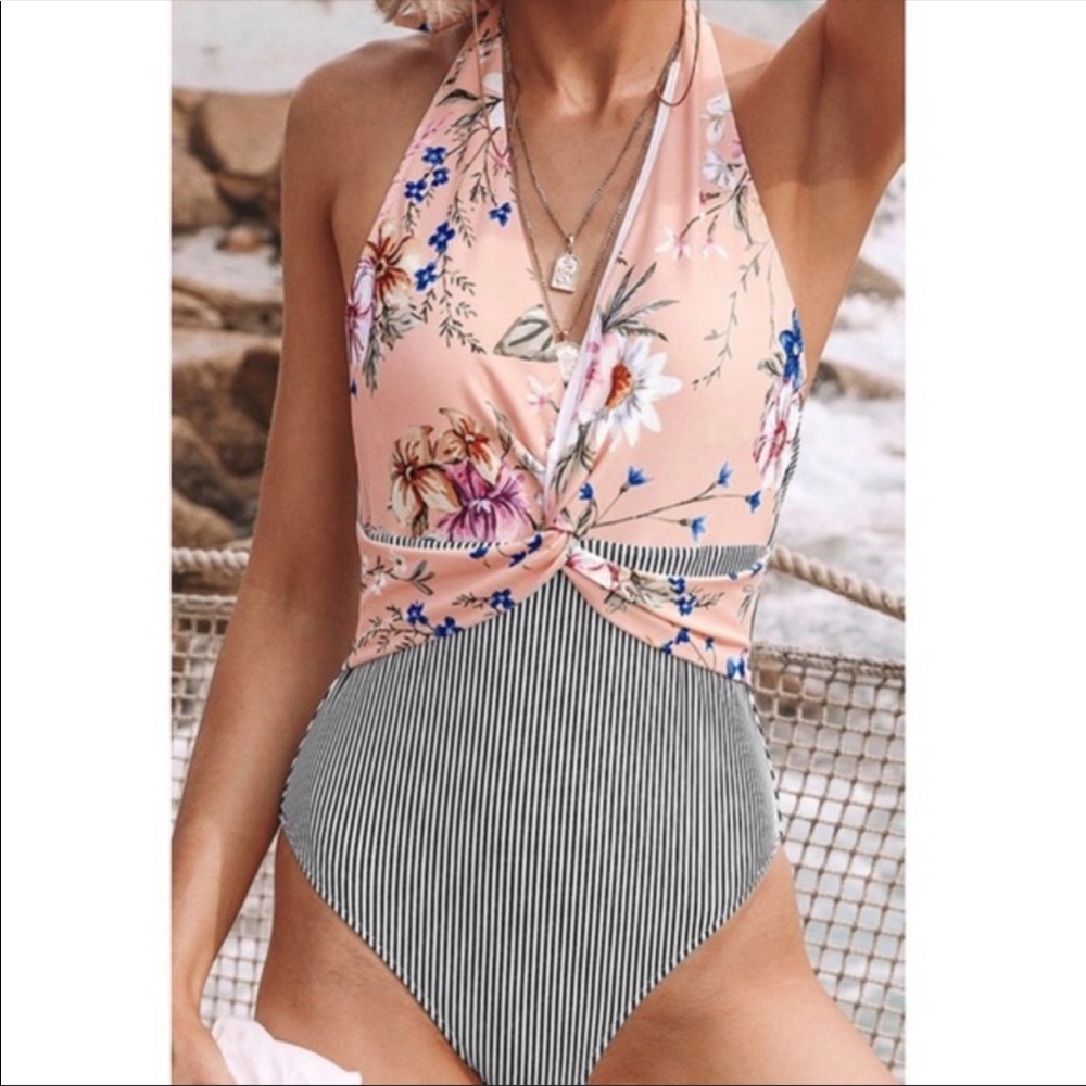 Cupshe BNWT Floral and Striped Halter One Piece.